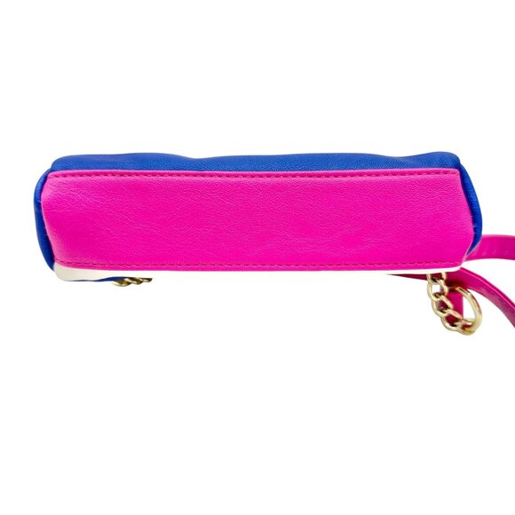 Betsey Johnson Luv Betsey Crossbody Bag Blue White Stripe Pink Strap Pom Accents - Picture 7 of 10